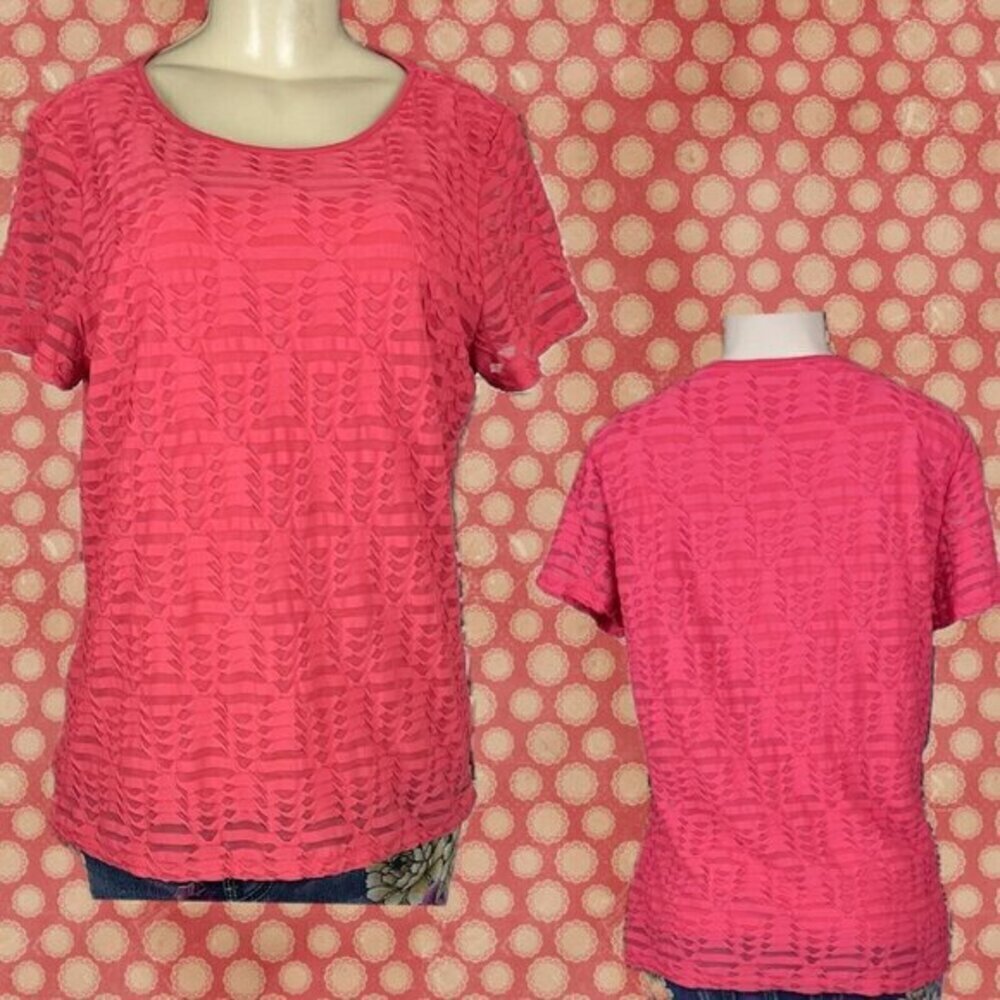 Calvin Klein L Red Coral Sheer Textured Inlay Lined Scoop Neck Short Sleeve Top